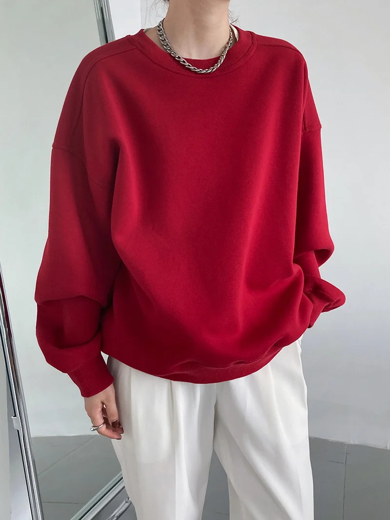 Luxi 2025 Autumn and Winter New Style Velvet Thickeneded Burgundy Sweatshirt for Women Korean Style Normcore Long-Sleeved Pullover Top 2628