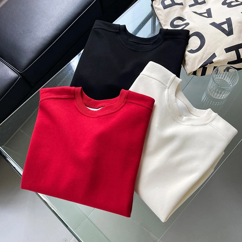 Luxi 2025 Autumn and Winter New Style Velvet Thickeneded Burgundy Sweatshirt for Women Korean Style Normcore Long-Sleeved Pullover Top 2628