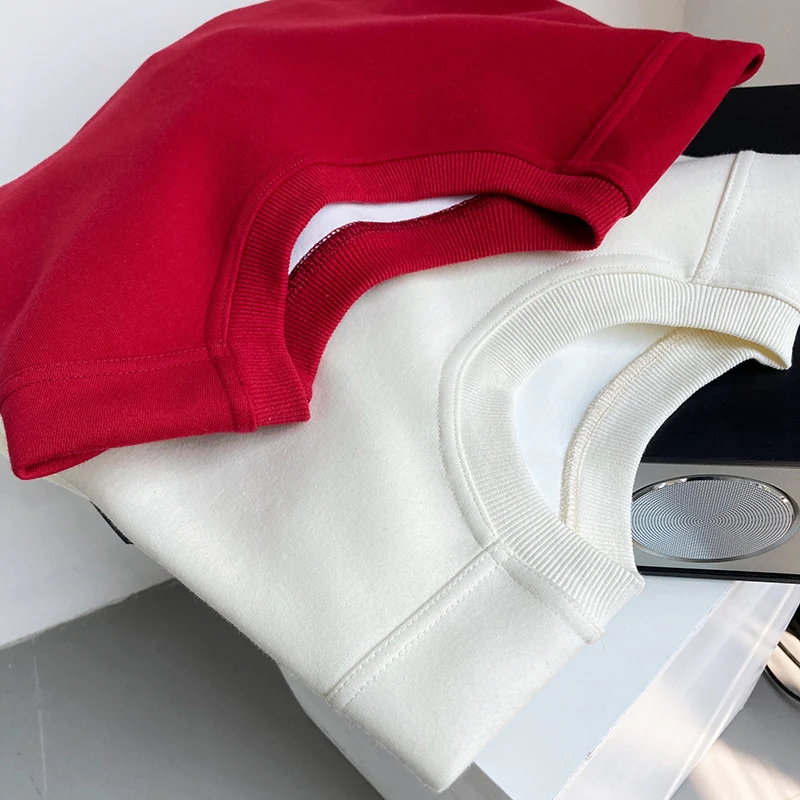 Luxi 2025 Autumn and Winter New Style Velvet Thickeneded Burgundy Sweatshirt for Women Korean Style Normcore Long-Sleeved Pullover Top 2628