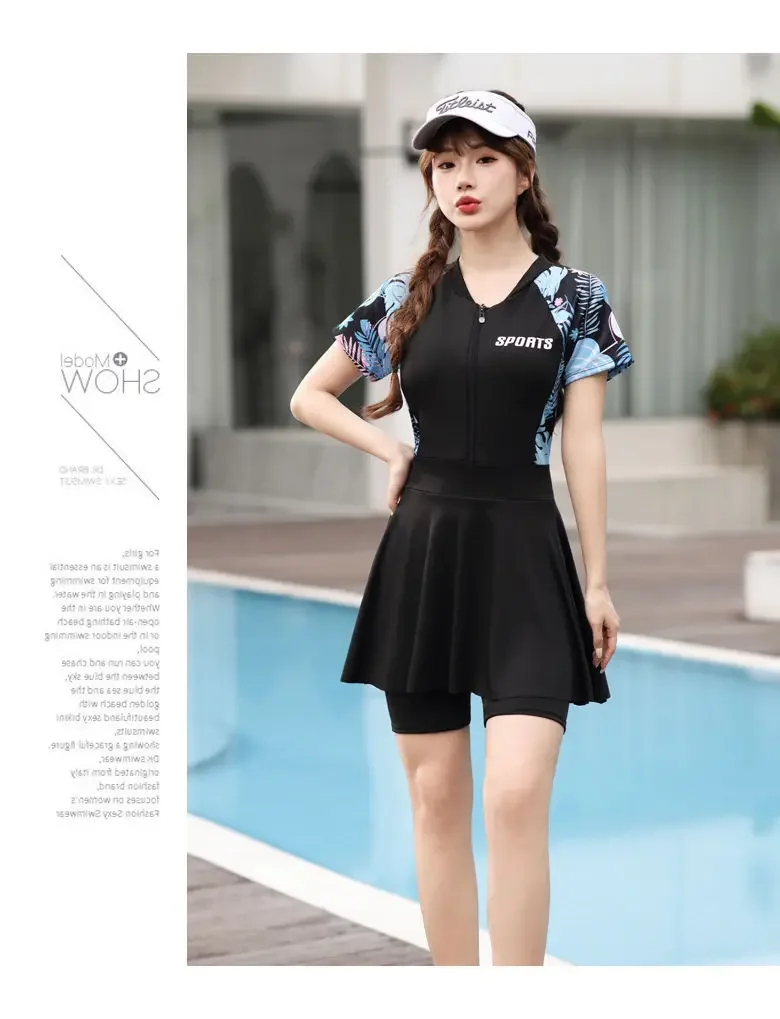 plus size swimsuit women's one-piece skirt short sleeve professional sports swimsuit mother 200kg conservative belly slim hot spring