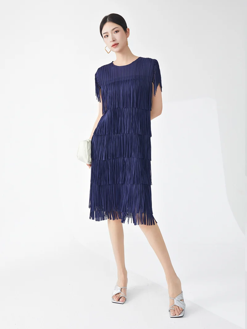 Miyake Hot Selling Dress Commuting Women's Summer Design Niche Drape Temperament Fashionable Elegant Tassel Midi Skirt