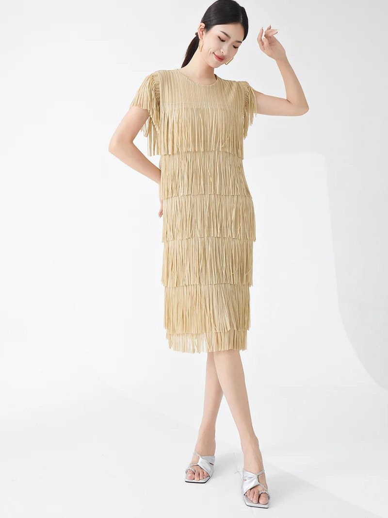 Miyake Hot Selling Dress Commuting Women's Summer Design Niche Drape Temperament Fashionable Elegant Tassel Midi Skirt