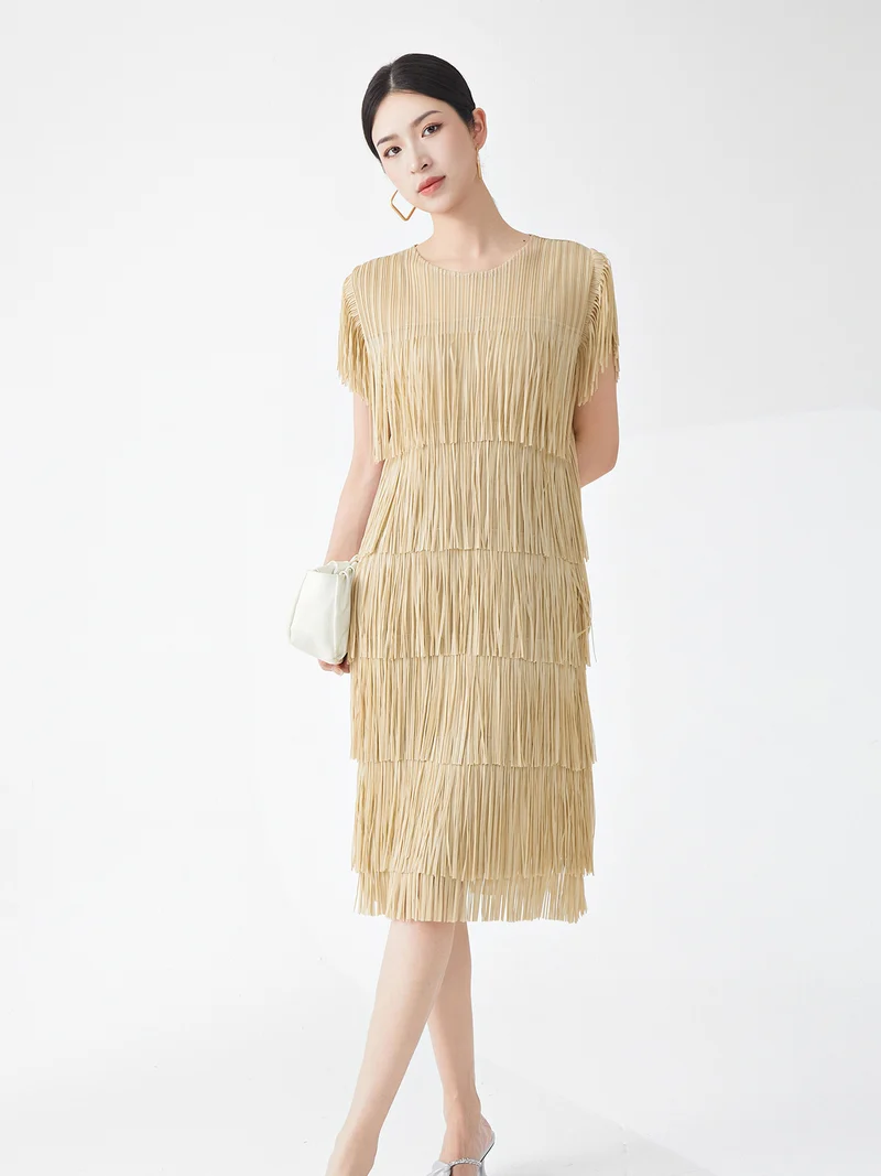 Miyake Hot Selling Dress Commuting Women's Summer Design Niche Drape Temperament Fashionable Elegant Tassel Midi Skirt