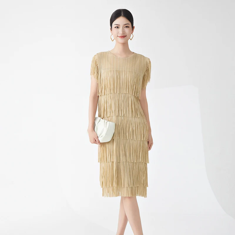 Miyake Hot Selling Dress Commuting Women's Summer Design Niche Drape Temperament Fashionable Elegant Tassel Midi Skirt