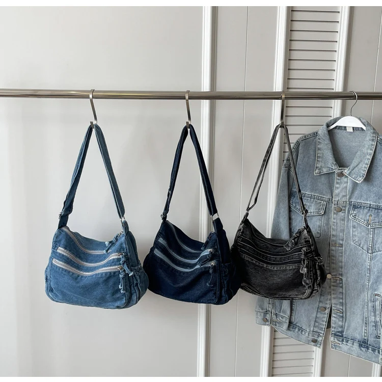 Casual Denim Shoulder Bag Japanese Harajuku Style Canvas Bag for Women 2026 New Large Capacity Simple Crossbody Bag