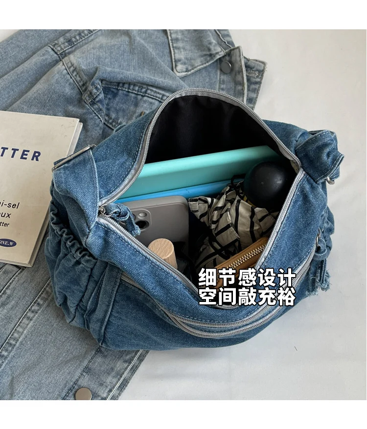 Casual Denim Shoulder Bag Japanese Harajuku Style Canvas Bag for Women 2026 New Large Capacity Simple Crossbody Bag