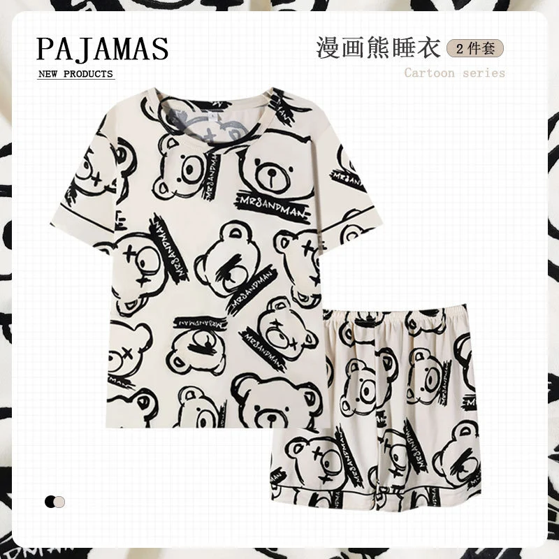 New Style Pajamas Women's Summer Short-sleeved Pullover Thin Cartoon Cartoon Bear Girl Home Clothes suit Women's Outwear