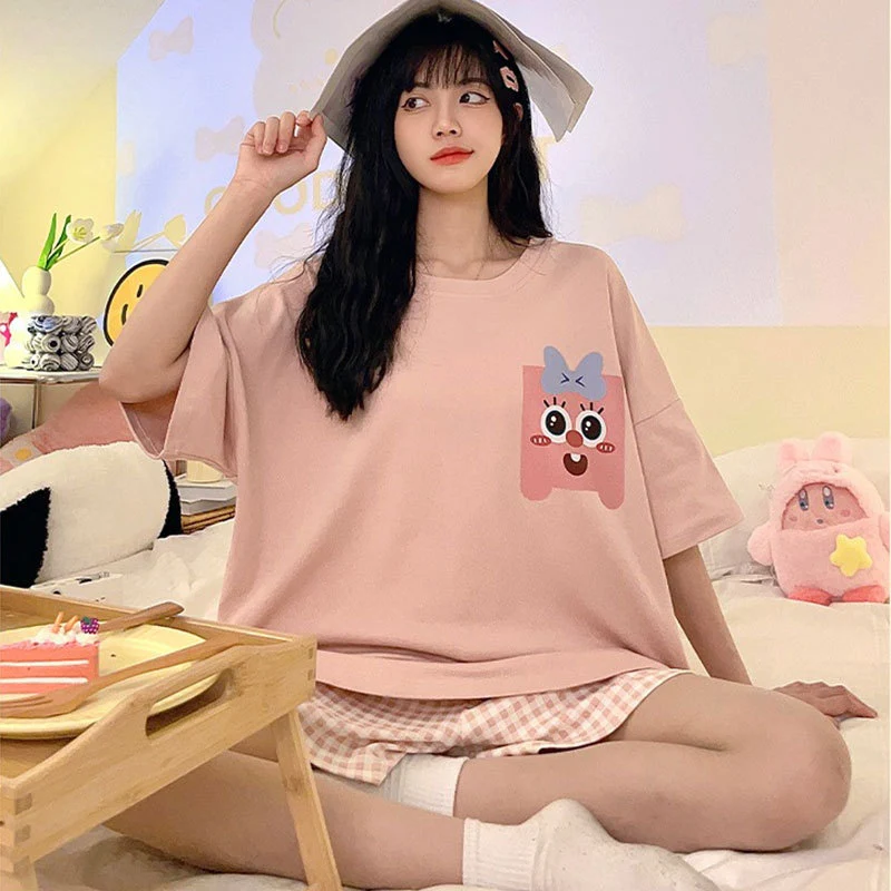 New Style Pajamas Women's Summer Short-sleeved Pullover Thin Cartoon Cartoon Bear Girl Home Clothes suit Women's Outwear