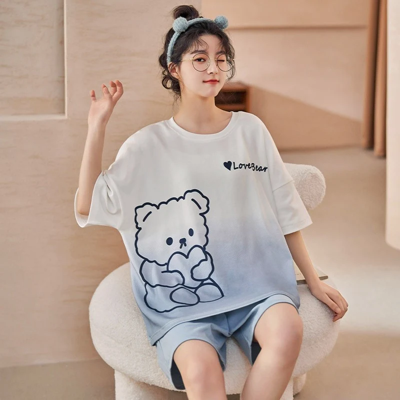 New Style Pajamas Women's Summer Short-sleeved Pullover Thin Cartoon Cartoon Bear Girl Home Clothes suit Women's Outwear