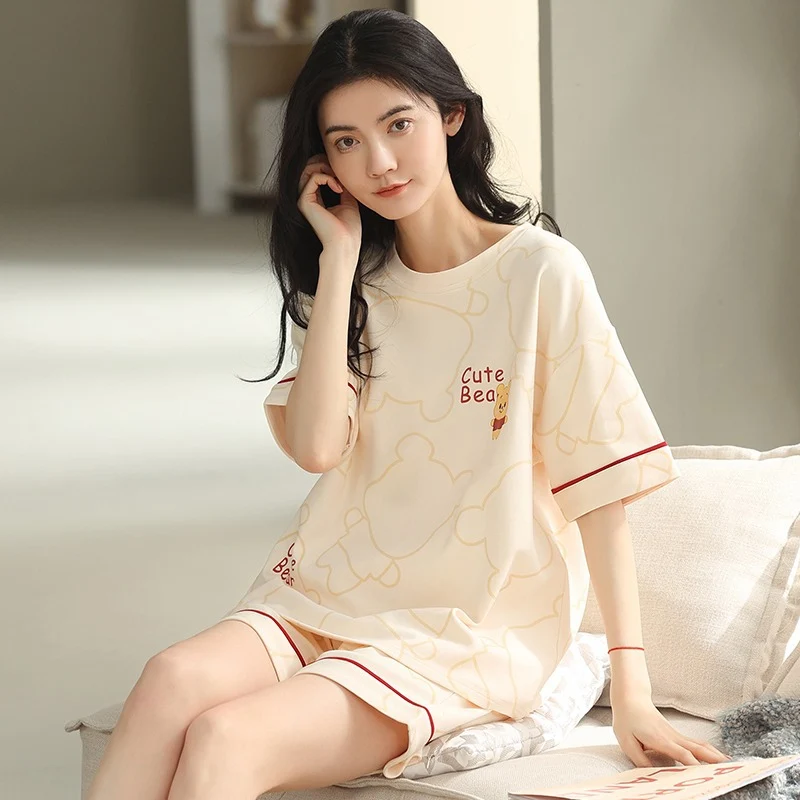 New Style Pajamas Women's Summer Short-sleeved Pullover Thin Cartoon Cartoon Bear Girl Home Clothes suit Women's Outwear