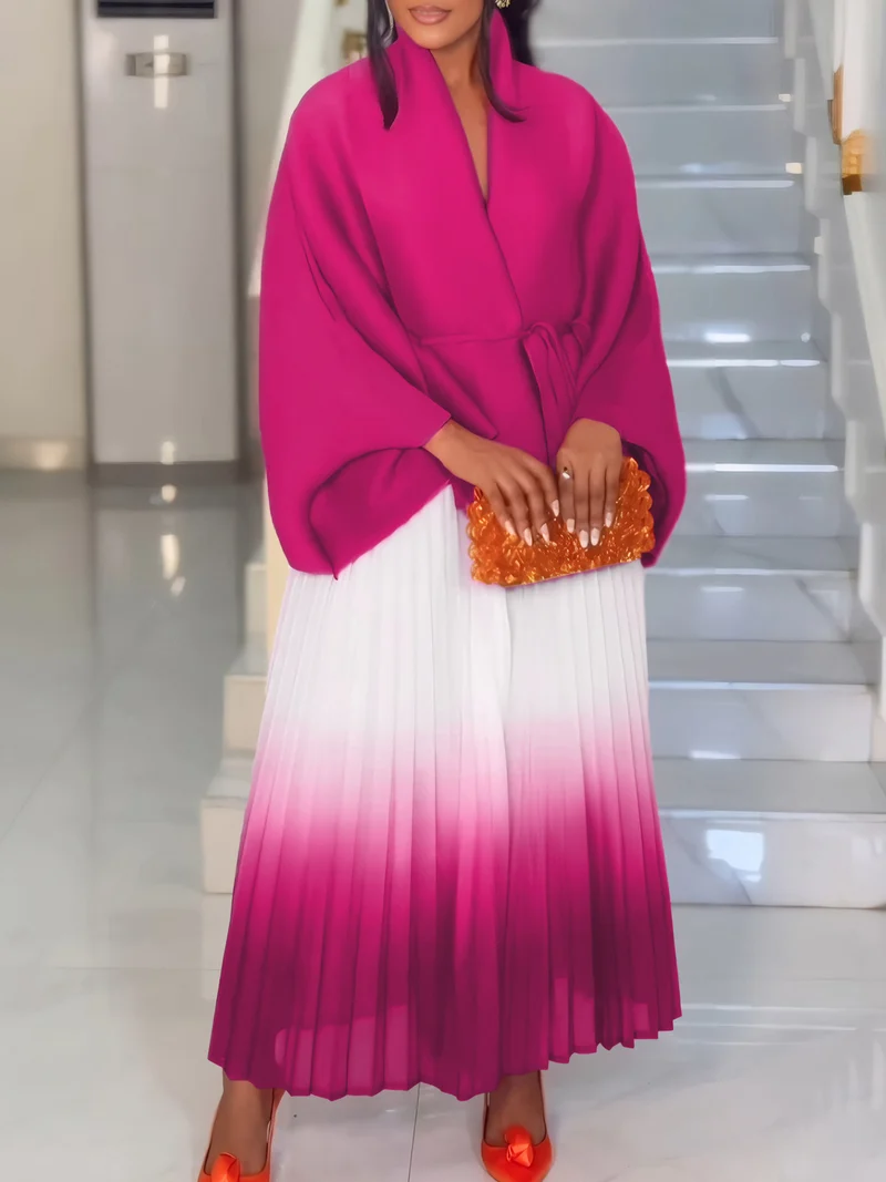 C8610 African plus size Women's Spring New Fashion Strap Bat Sleeve Top Gradient Color-changing Skirt Two-piece Set
