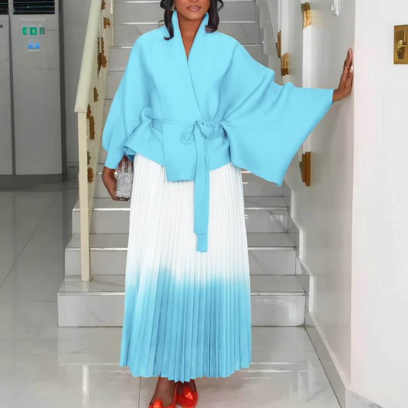 C8610 African plus size Women's Spring New Fashion Strap Bat Sleeve Top Gradient Color-changing Skirt Two-piece Set