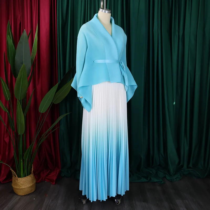 C8610 African plus size Women's Spring New Fashion Strap Bat Sleeve Top Gradient Color-changing Skirt Two-piece Set