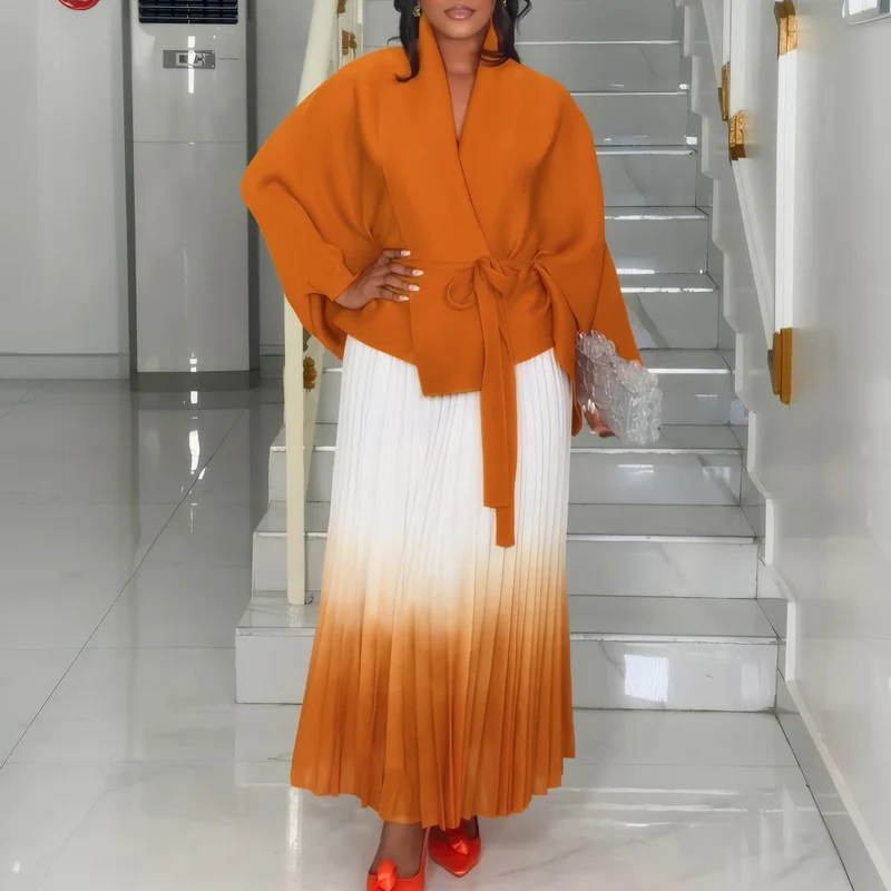 C8610 African plus size Women's Spring New Fashion Strap Bat Sleeve Top Gradient Color-changing Skirt Two-piece Set