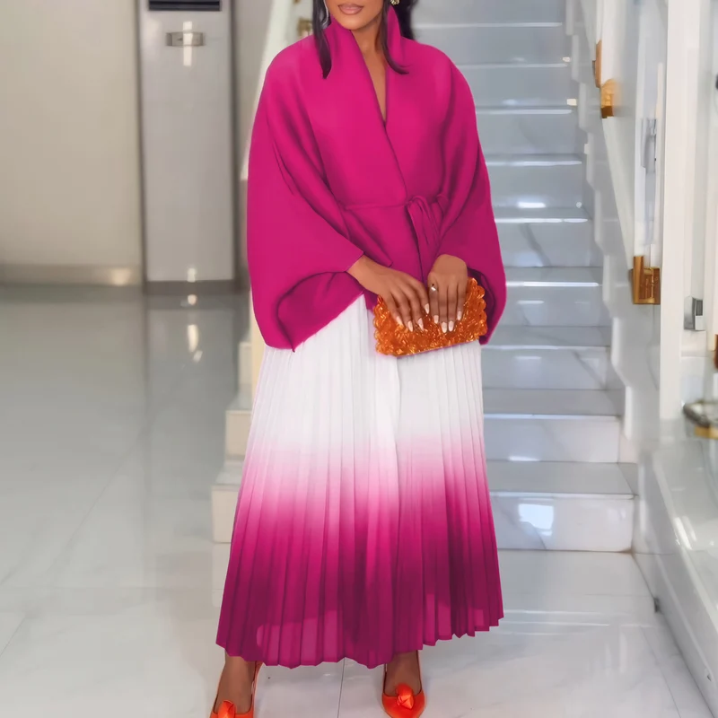 C8610 African plus size Women's Spring New Fashion Strap Bat Sleeve Top Gradient Color-changing Skirt Two-piece Set