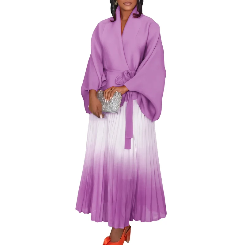 C8610 African plus size Women's Spring New Fashion Strap Bat Sleeve Top Gradient Color-changing Skirt Two-piece Set
