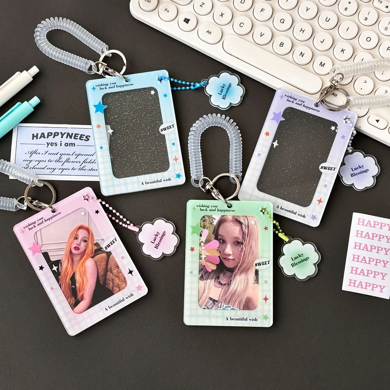 Original Ins Four-Leaf Clover Transparent Glitter Card Holder Acrylic Small Card Holder Small Card Id Card Card Film Card Holder