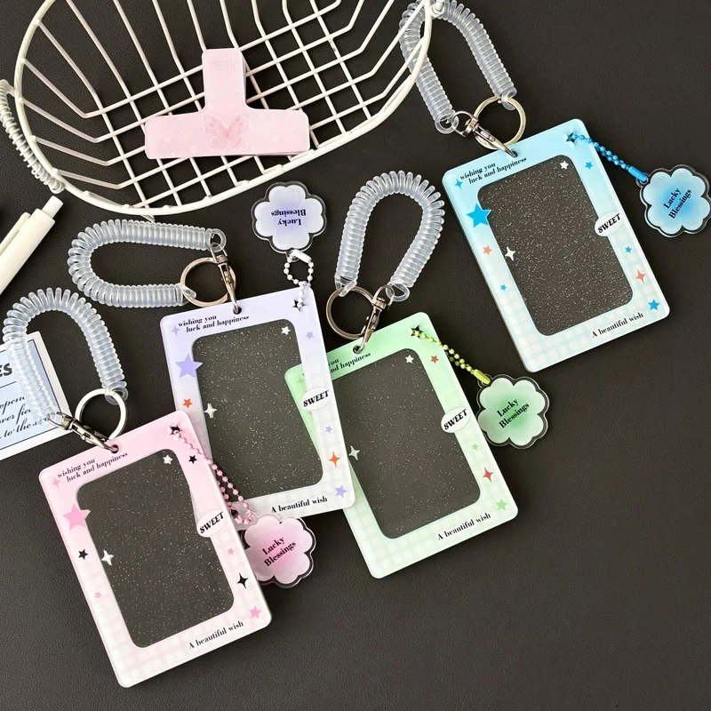 Original Ins Four-Leaf Clover Transparent Glitter Card Holder Acrylic Small Card Holder Small Card Id Card Card Film Card Holder