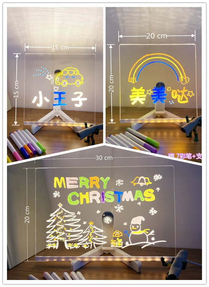 Children's Transparent Luminous Large Writing Board Household Erasable Small Whiteboard Acrylic Stand Message Board Cartoon with Light