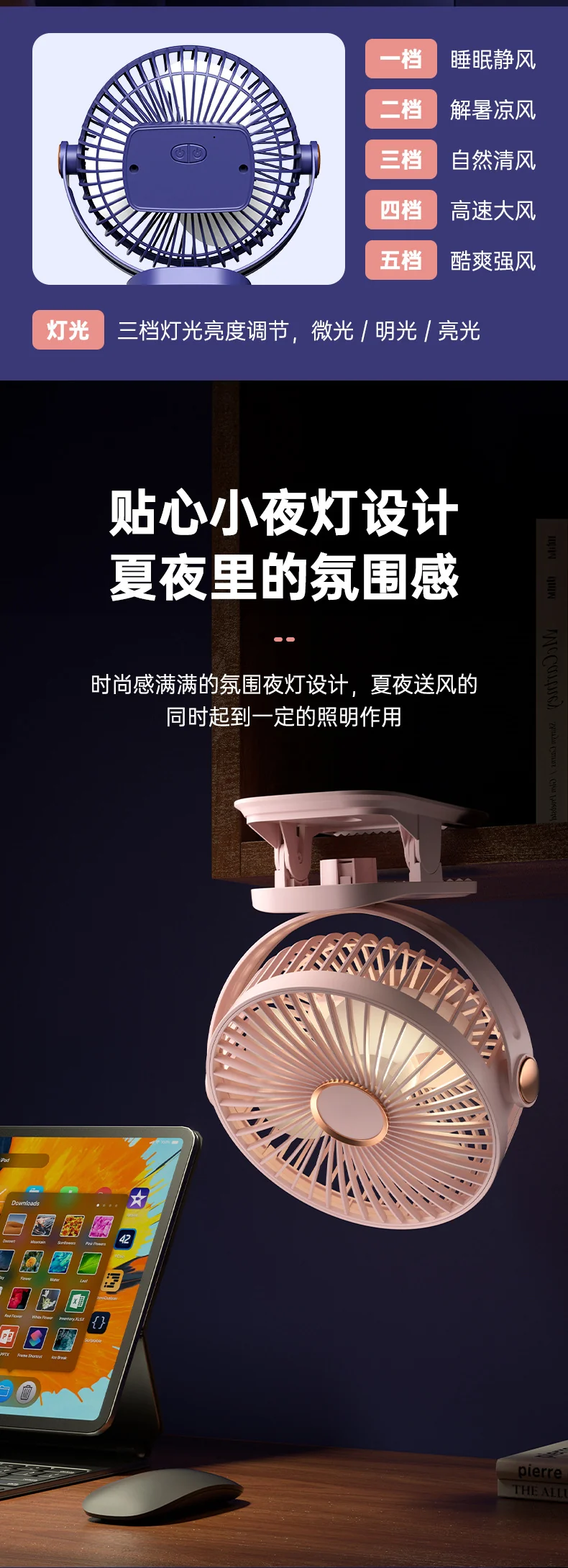 Four-In-One Multifunctional Clip Fan Light USB Charging Student Dormitory Night Light Clip Fan Desktop Mini