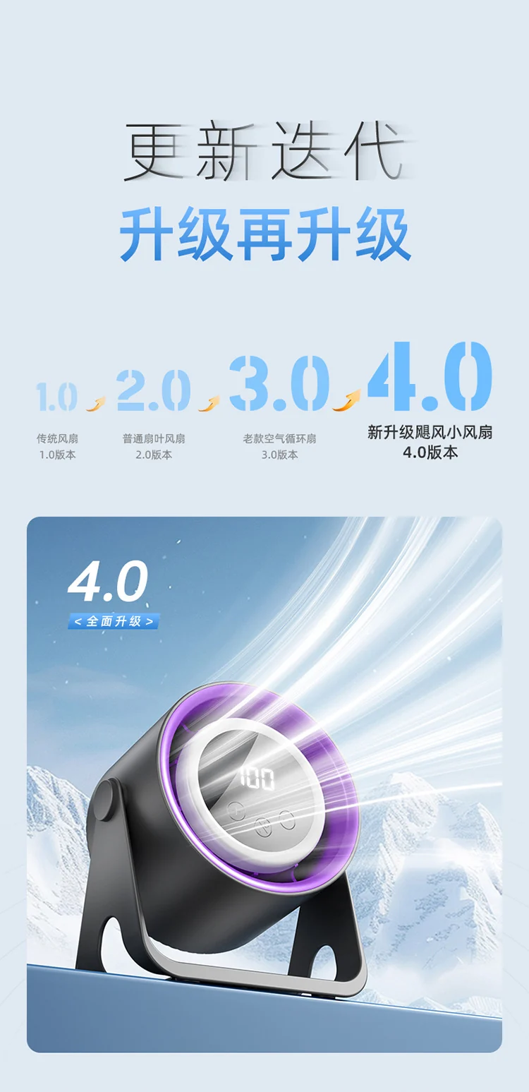New Brushless USB Charging Portable Fan Ultra-Quiet Home Desktop Small Fan Bedroom Light Long-Lasting Battery Life