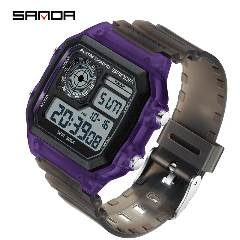 Sanda Hot-selling Square Watch Luminous Waterproof Alarm Student Watch Simple Korean Transparent Sports Electronic Watch