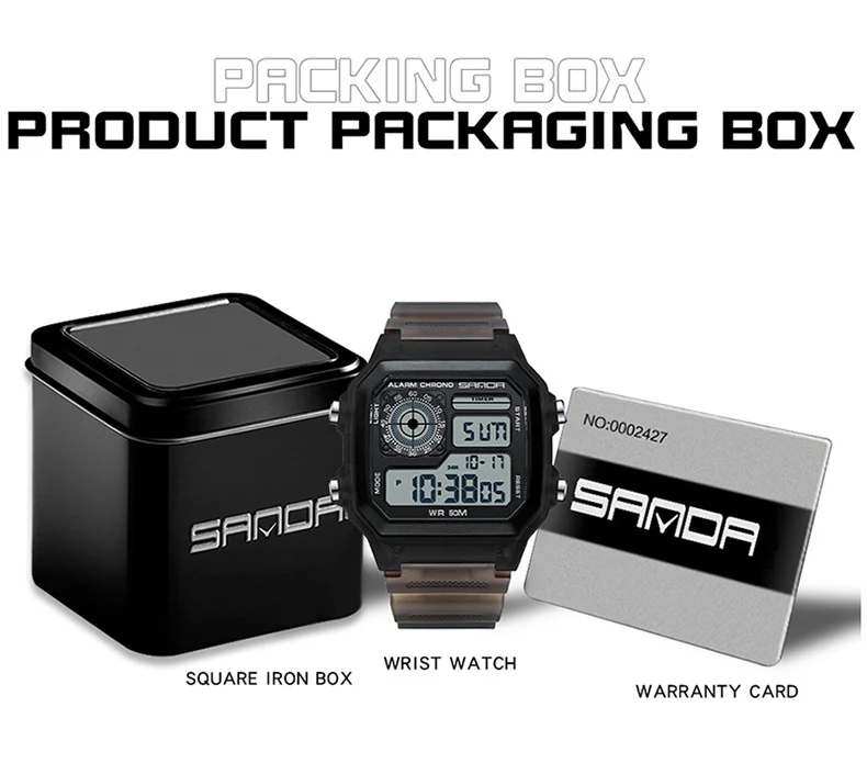 Sanda Hot-selling Square Watch Luminous Waterproof Alarm Student Watch Simple Korean Transparent Sports Electronic Watch