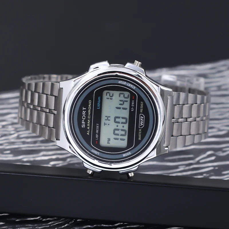 Explosive ultra-thin LED electronic watch WR F92W steel band A159 new round fashion watch multi-function electronic watch