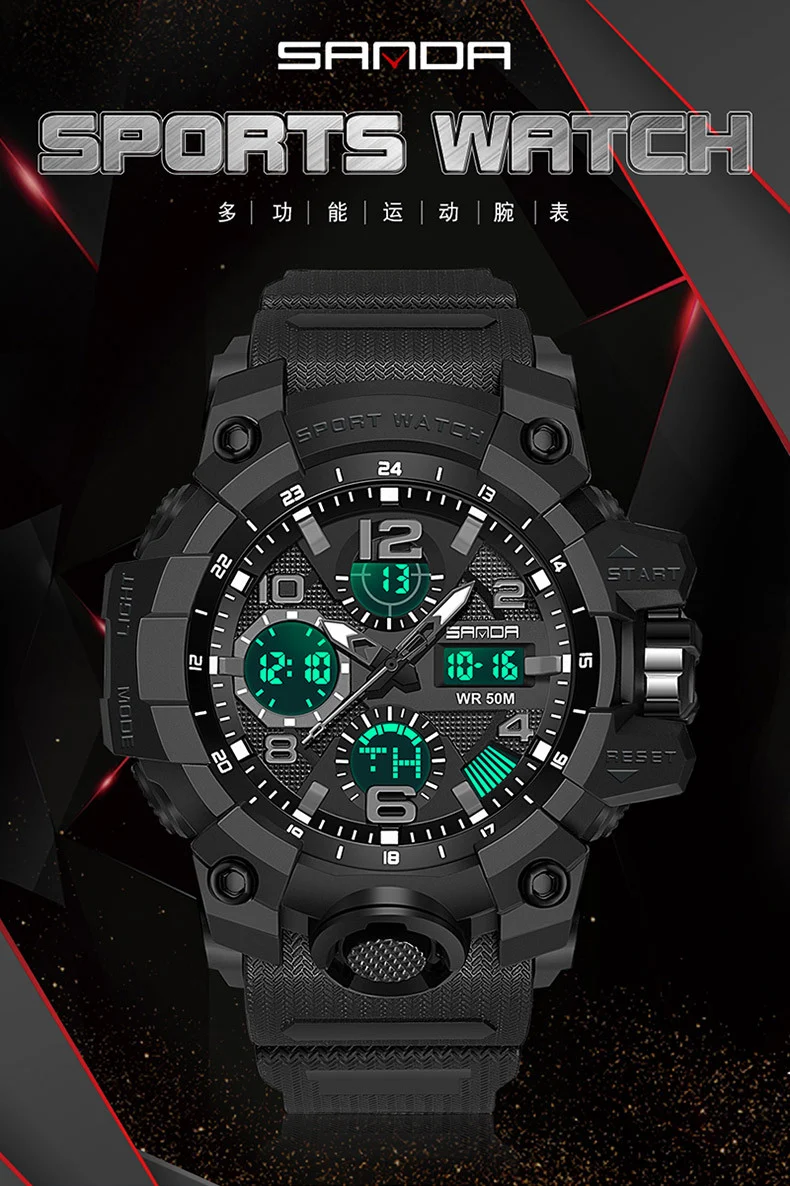 Sanda Hot-Selling Watch Korean Version Student Party Multi-Functional Waterproof Alarm Clock Electronic Watch Cool Dual Display Luminous Sports Watch