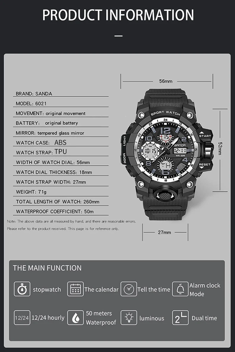 Sanda Hot-Selling Watch Korean Version Student Party Multi-Functional Waterproof Alarm Clock Electronic Watch Cool Dual Display Luminous Sports Watch