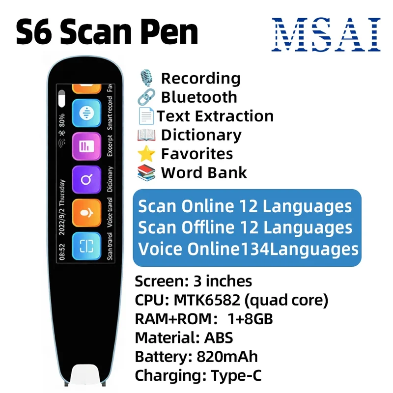 MSAI S6-AI Free AI Scan Translator Pen 12 Languages Scan to Text 134 Online Voice Translation Vocabulary Library for Student
