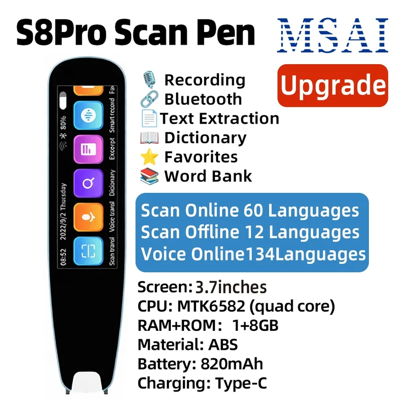 S6 AI Electronic Dictionary Pen S8-PRO 60-Language Online Scanner Dictionary Recorder 134 Online Voice Translation for Learn