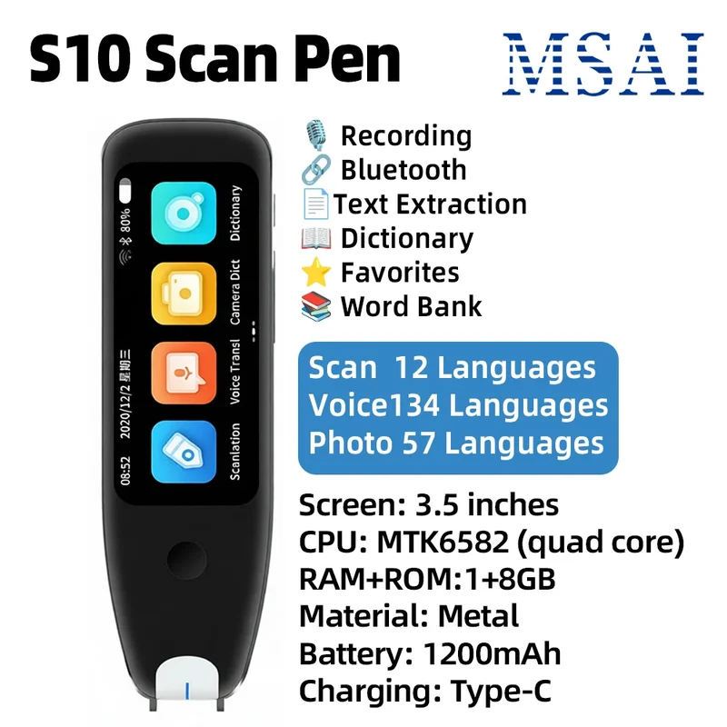 MSAI S10 Smart Scan Translator Pen Offline Extract 21 Languages Photo Translate 134 Voice Translation Dictionary Recorder