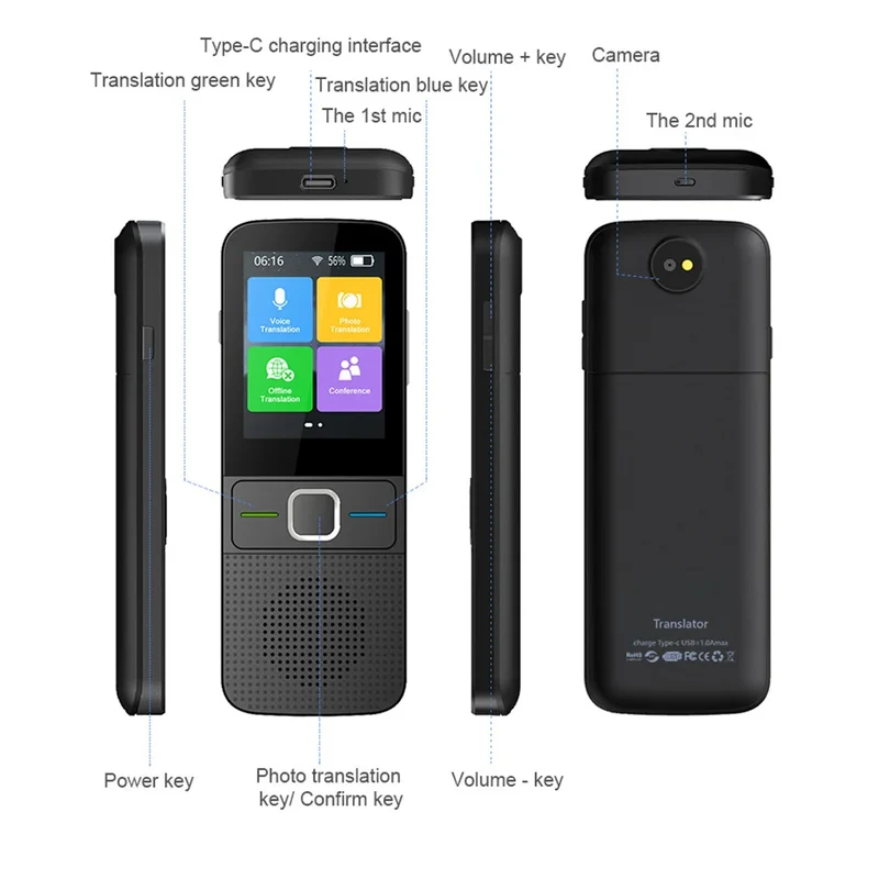 Handheld Language Translator Rechargeable Real Time Interpreter Device Travel Adults Seniors Learning Accessories