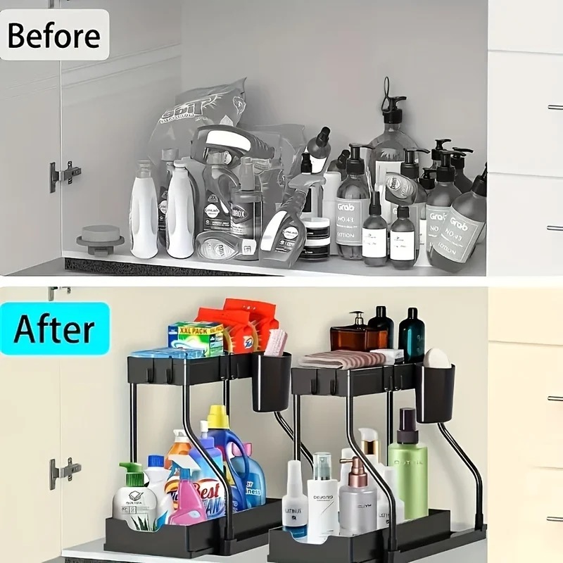 Space Saving 2 Tier Under Sink Organizer,Pull Out Storage Box Durable Large Capacity Kitchen Bathroom Essential Drawer Organizer