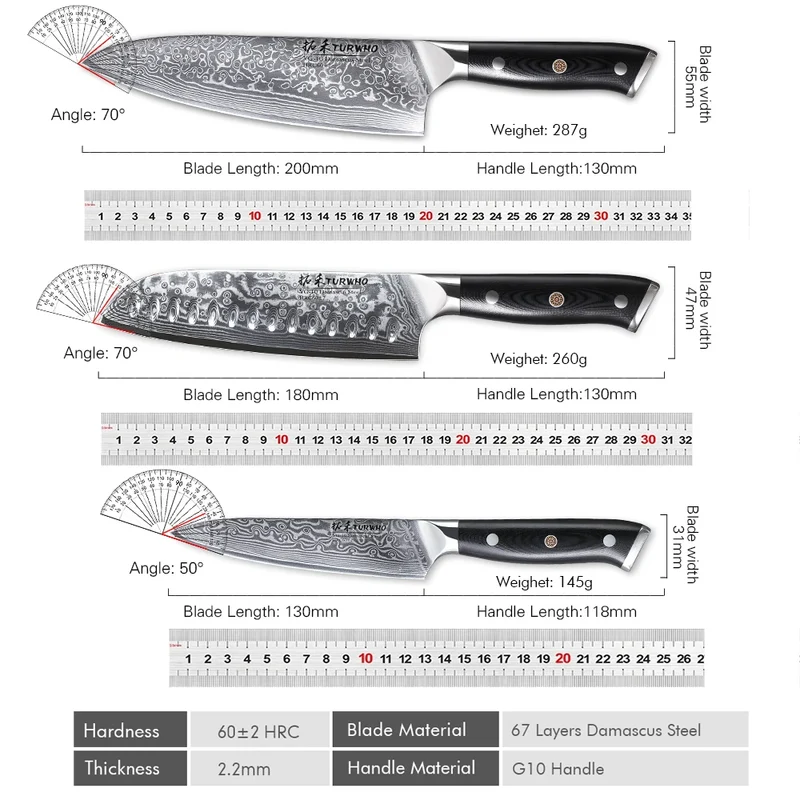TURWHO 1PC-3PCS Professional Kitchen Knives Set Utility Santoku Chef Knife Japanese 67 Layer Damascus Steel G10 Handles Gift Box