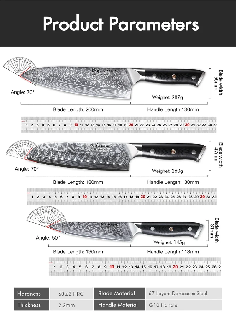 TURWHO 1PC-3PCS Professional Kitchen Knives Set Utility Santoku Chef Knife Japanese 67 Layer Damascus Steel G10 Handles Gift Box