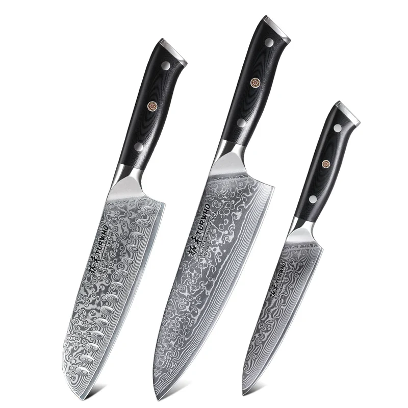 TURWHO 1PC-3PCS Professional Kitchen Knives Set Utility Santoku Chef Knife Japanese 67 Layer Damascus Steel G10 Handles Gift Box