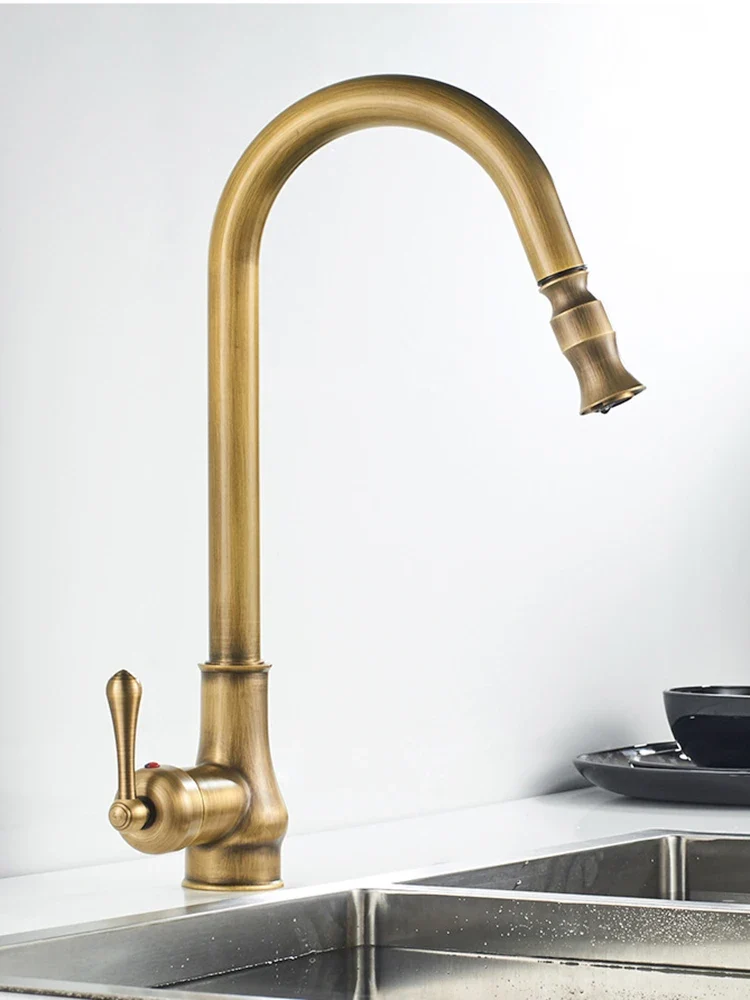 Antique Brass Kitchen Sink Faucet Pull Down Swivel Spout Kitchen Deck Mounted Bathroom Hot and Cold Water Mixers Tap