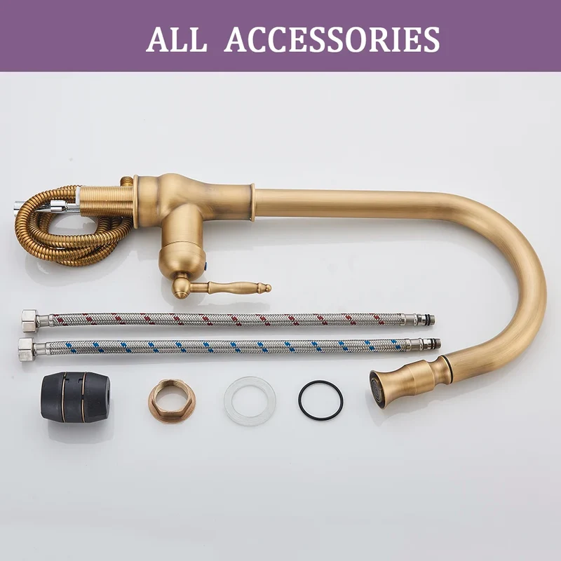 Antique Brass Kitchen Sink Faucet Pull Down Swivel Spout Kitchen Deck Mounted Bathroom Hot and Cold Water Mixers Tap