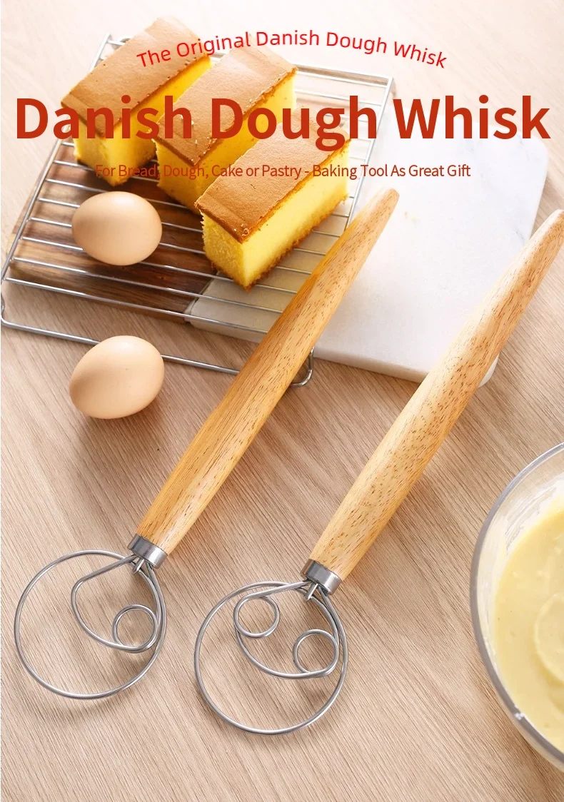 304 Stainless Steel Dough Whisk with Smooth Wooden Handle Sourdough & Bread Mixing 13 Inch Danish Dough Whisk Bread Tools