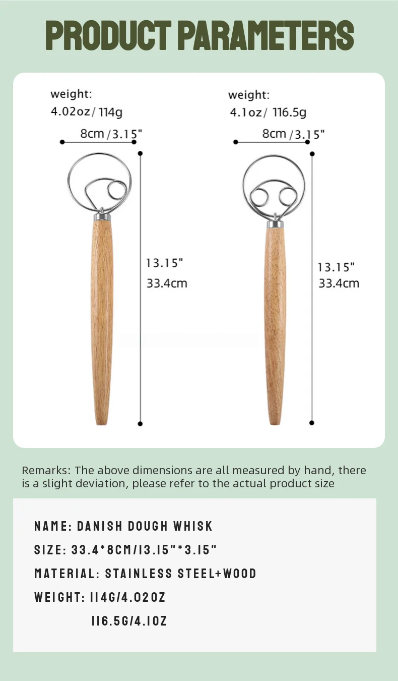 304 Stainless Steel Dough Whisk with Smooth Wooden Handle Sourdough & Bread Mixing 13 Inch Danish Dough Whisk Bread Tools