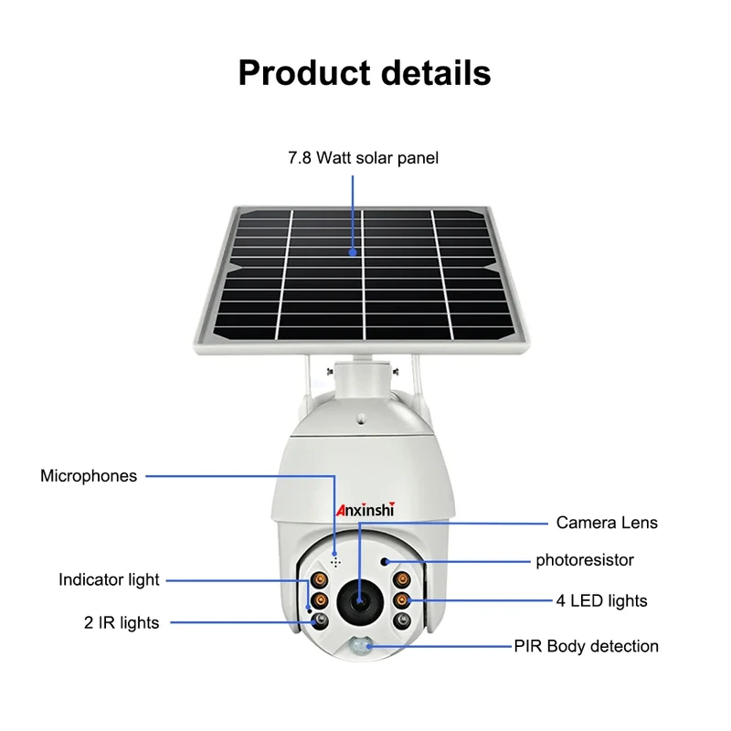 Anxinshi Ubox App 1080P Two Way Voice 4G Wifi IP Solar Panel Battery Dual Power PTZ CCTV Camera