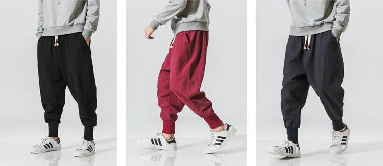 Cotton Linen Harem Pants Men Solid Elastic Waist Streetwear Joggers New Baggy Drop-crotch Pants Casual Trousers Men