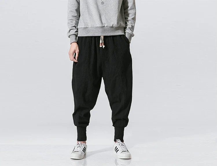Cotton Linen Harem Pants Men Solid Elastic Waist Streetwear Joggers New Baggy Drop-crotch Pants Casual Trousers Men