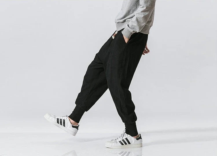 Cotton Linen Harem Pants Men Solid Elastic Waist Streetwear Joggers New Baggy Drop-crotch Pants Casual Trousers Men