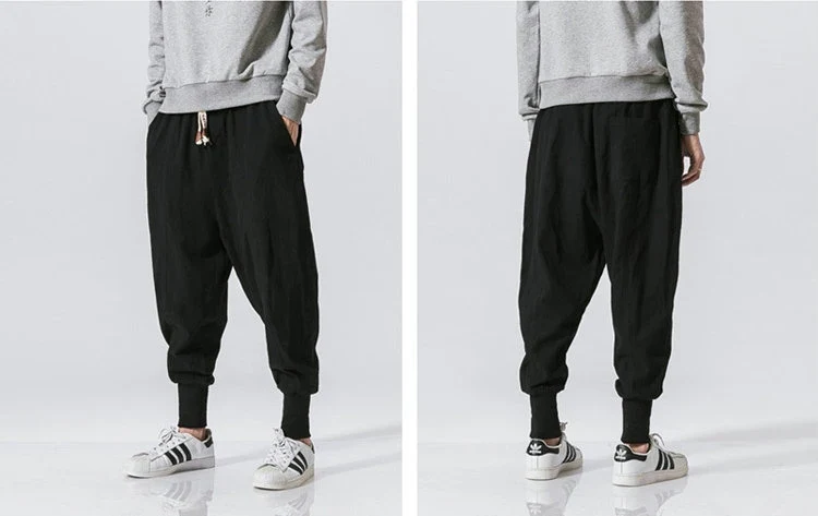 Cotton Linen Harem Pants Men Solid Elastic Waist Streetwear Joggers New Baggy Drop-crotch Pants Casual Trousers Men