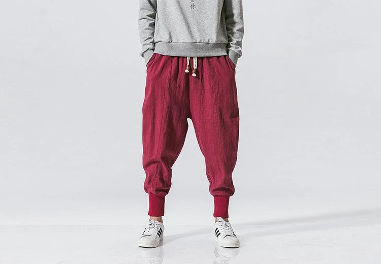 Cotton Linen Harem Pants Men Solid Elastic Waist Streetwear Joggers New Baggy Drop-crotch Pants Casual Trousers Men