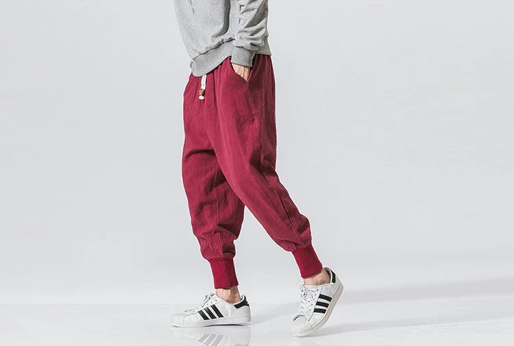 Cotton Linen Harem Pants Men Solid Elastic Waist Streetwear Joggers New Baggy Drop-crotch Pants Casual Trousers Men