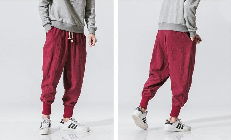 Cotton Linen Harem Pants Men Solid Elastic Waist Streetwear Joggers New Baggy Drop-crotch Pants Casual Trousers Men